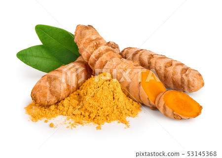 turmeric root and powder isolated on white background close up turmeric root and powder isolated on white background close up 53145368
