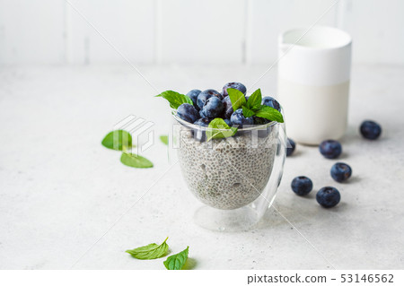 Chia pudding with blueberries and mint in glass  53146562