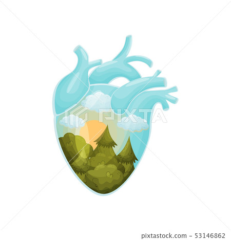 Forest against the sun and clouds inside the heart. Vector illustration on white background. 53146862
