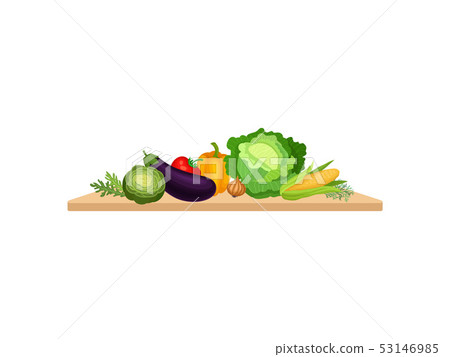Different vegetables on a wooden board. Vector illustration on white background. Different vegetables on a wooden board. Vector illustration on white background. 53146985
