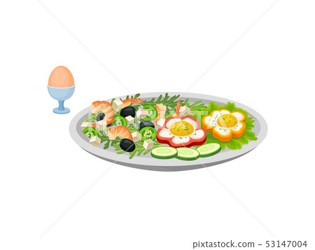 Salad of shrimps and vegetables on the same plate with fried egg in rings of sweet pepper. Vector 53147004