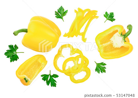 yellow sweet bell pepper isolated on white background. Top view. Flat lay yellow sweet bell pepper isolated on white background. Top view. Flat lay 53147048