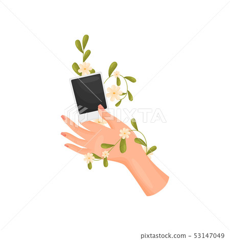 Hand is wrapped with a stem with flowers and leaves. Photo card in hand. Vector illustration on Hand is wrapped with a stem with flowers and leaves. Photo card in hand. Vector illustration on 53147049