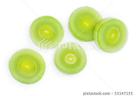 sliced Leek vegetable isolated on white background. Top view. Flat lay sliced Leek vegetable isolated on white background. Top view. Flat lay 53147155