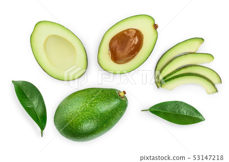 avocado and slices decorated with green leaves isolated on white background. Top view. Flat lay 53147218
