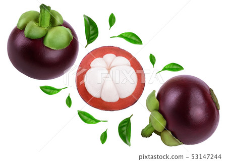ripe mangosteen with leaves isolated on white background closeup. Top view. Flat lay ripe mangosteen with leaves isolated on white background closeup. Top view. Flat lay 53147244