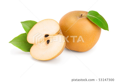 Fresh asian pear with leaf isolated on white background 53147300