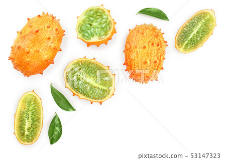 Kiwano or horned melon with leaves isolated on white background with copy space for your text. Top Kiwano or horned melon with leaves isolated on white background with copy space for your text. Top 53147323