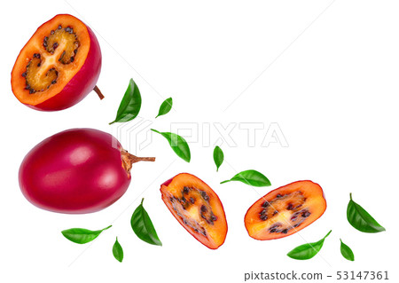 Fresh tamarillo fruit with leaves isolated on white background with copy space for your text. Top Fresh tamarillo fruit with leaves isolated on white background with copy space for your text. Top 53147361