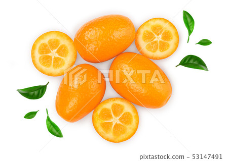 Cumquat or kumquat with half isolated on white background. Top view. Flat lay 53147491