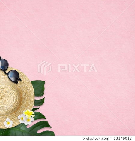 Background-Sea-Summer-Beach-Monstera-Plumeria-Straw Hat-Sunglasses-Pink Background-Sea-Summer-Beach-Monstera-Plumeria-Straw Hat-Sunglasses-Pink 53149018