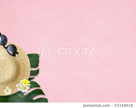 背景 - 海 - 夏天 - 海灘 -  Monstera-Plumeria-草帽 - 太陽鏡 - 粉紅色 53149019
