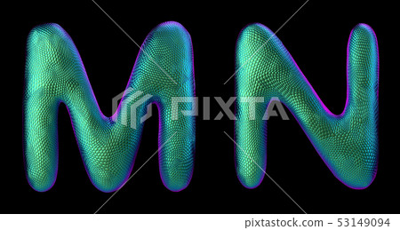 Letter set M, N made of realistic 3d render natural green snake skin texture. 53149094