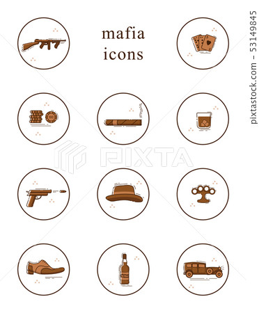 Collection of vector line art mafia icons. 53149845