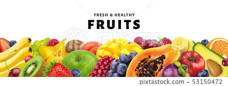 Assortment of exotic fruits isolated on white background with copy space Assortment of exotic fruits isolated on white background with copy space 53150472