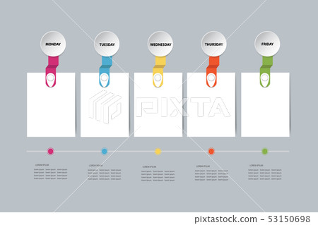 Five infographic labels showing a five-day weekly Five infographic labels showing a five-day weekly 53150698