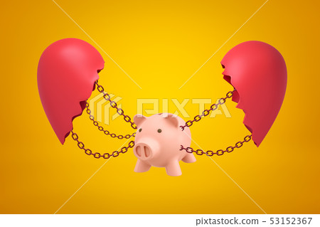 3d rendering of pink piggy bank suspended on chains between two parts of broken heart on yellow 3d rendering of pink piggy bank suspended on chains between two parts of broken heart on yellow 53152367