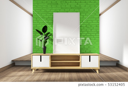modern living room with green brick wall 53152405