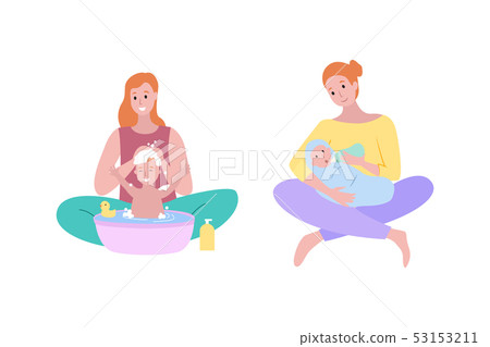 Mother and Baby Woman Washing Hair of Child Soap Mother and Baby Woman Washing Hair of Child Soap 53153211