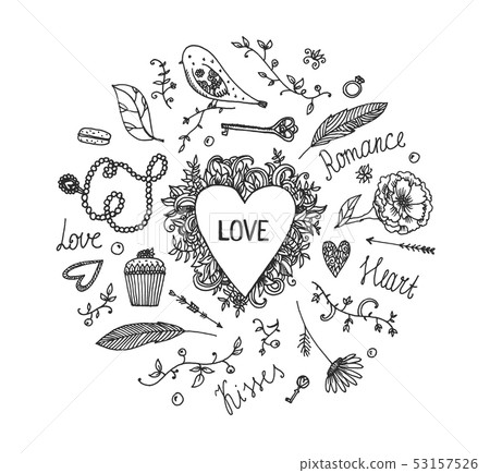 Hand Drawn Vector Romantic Set. Love. Wedding elements for postcard , invitation, valenites card 53157526