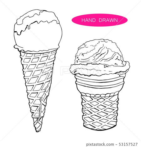 Set of vector hand drawn ice creams in waffle cones isolated on white background. Black and white 53157527
