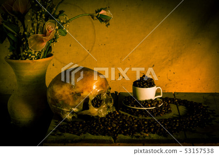 Human skull placed on coffee beans on old wood, 53157538