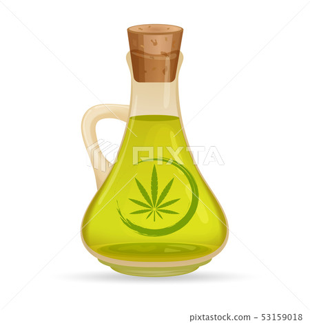 Carafe with hemp oil, isolated on white background. Glass jug with oil. Cannabis oil extracts in 53159018