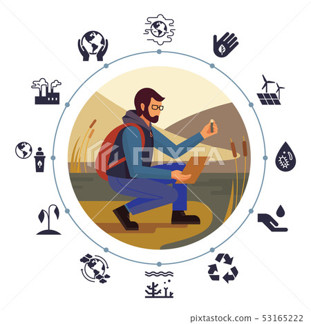 The design concept with the image of a bearded man in glasses and with a backpack ecologist. The design concept with the image of a bearded man in glasses and with a backpack ecologist. 53165222