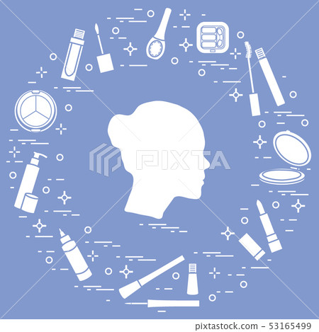 Silhouette of female head and various accessories 53165499