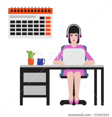 Girl sitting at the table and working on laptop 53165501