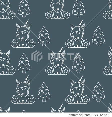 Seamless pattern with unicorns and Christmas tree 53165838