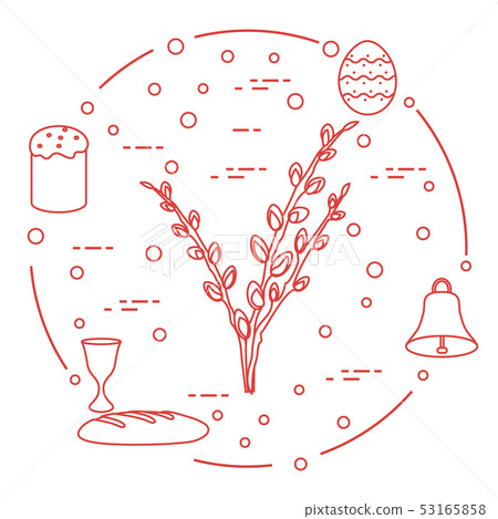 Easter cake, willow branches, bell, bowl, egg Easter cake, willow branches, bell, bowl, egg 53165858