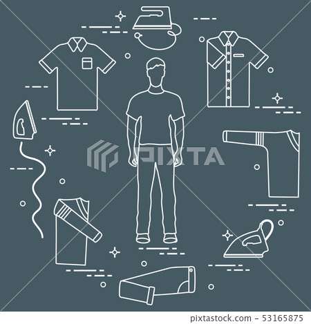 Silhouette of a man, irons and different clothes Silhouette of a man, irons and different clothes 53165875
