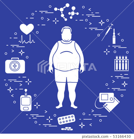 Fat man with medical devices, tools and drugs 53166430