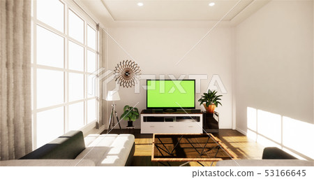 Smart Tv Mockup with blank black screen hanging Smart Tv Mockup with blank black screen hanging 53166645