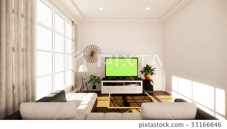 Smart Tv Mockup with blank black screen hanging Smart Tv Mockup with blank black screen hanging 53166646