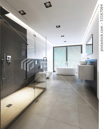 Contemporary bathroom with shower and bath in 53167064