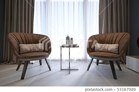 Brown Modern Comfortable Armchairs In The Bedroom Stock