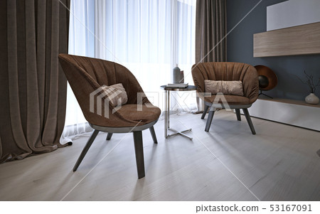 Brown modern comfortable armchairs in the bedroom. 53167091