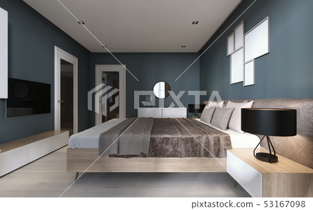 Contemporary bedroom with dark blue walls and 53167098