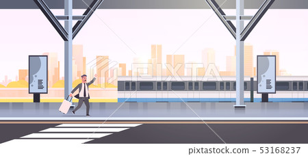 businessman running to catch train business man with luggage on railway station city public 53168237