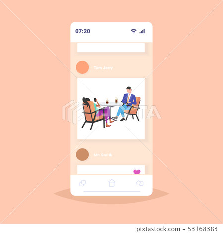 businesspeople using smartphones during corporate break business man woman coworkers sitting cafe businesspeople using smartphones during corporate break business man woman coworkers sitting cafe 53168383