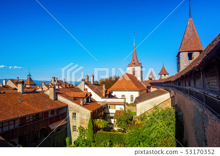 Red roofs and wall towers, Murten, Switzerland Red roofs and wall towers, Murten, Switzerland 53170352