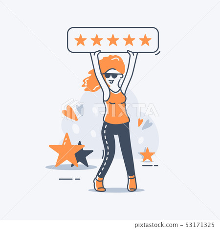 A girl holds a five-star rating sign above her A girl holds a five-star rating sign above her 53171325