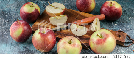 Food banner. Ripe apples and a knife 53171552