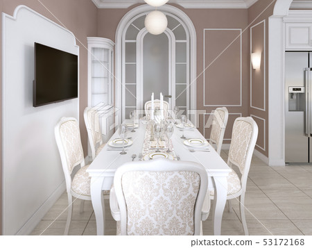 Dining room with white table and chairs for six 53172168