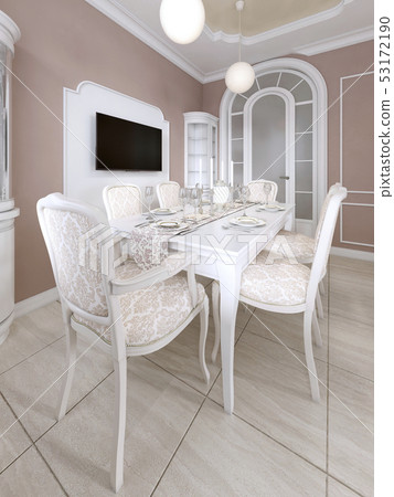 Dining room with white table and chairs for six - Stock Illustration ...