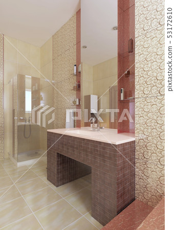 The Bathroom Sink Made Of Mosaic Burgundy Tiles Stock