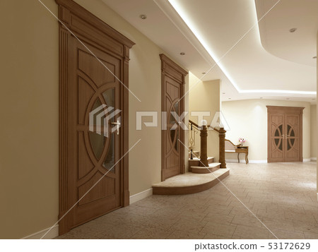 A corridor with doors and stairs in a luxurious 53172629