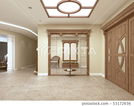 A large mirror with a table for keys in the foyer 53172636